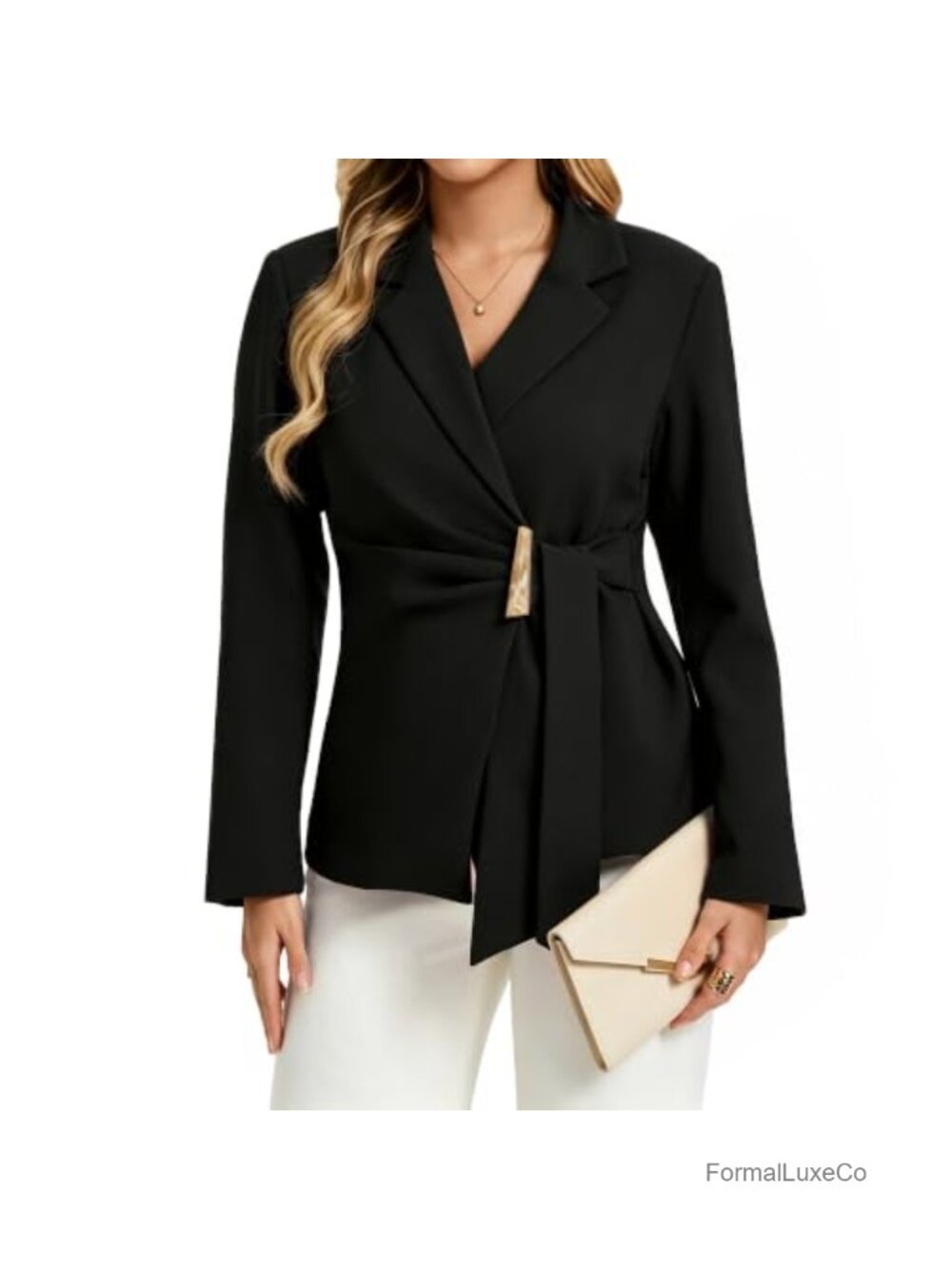 Women Ruched Waist Tie Belt Notched Lapel Blazer Long Sleeve